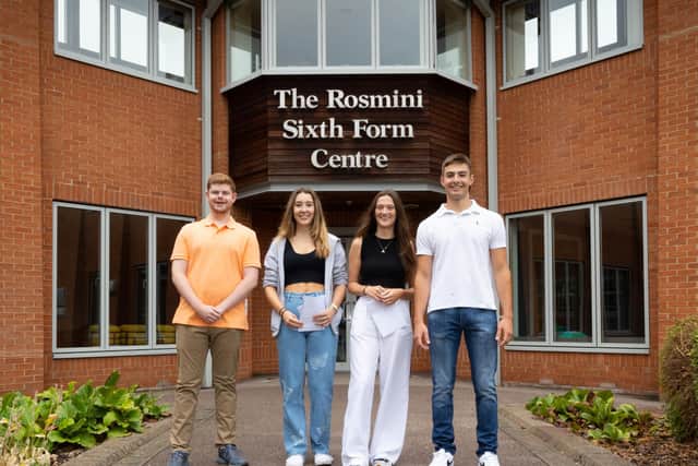 Celebrating A-level students at Ratcliffe College this week, from left, Sam Moss, Elise Atkinson, Jess Elton and Xabier Zanotti Baranano