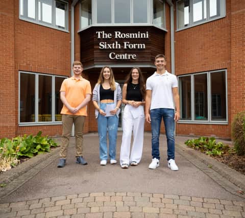 Celebrating A-level students at Ratcliffe College this week, from left, Sam Moss, Elise Atkinson, Jess Elton and Xabier Zanotti Baranano