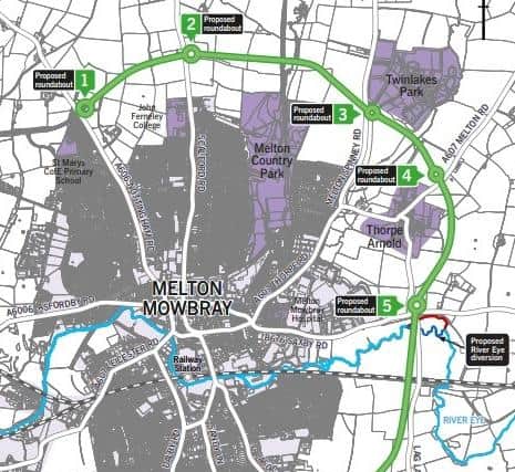 The approved route for the North East Melton Mowbray Distributor Road - planning permission has yet to be submitted for a southern link to the road