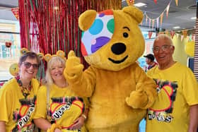Some of the Bowlathon organisers, from left, Hazel Armstrong, Jane May and David Arrmstrong - with Pudsey at McDonald’s in Melton Mowbray PHOTO Paul Warrington