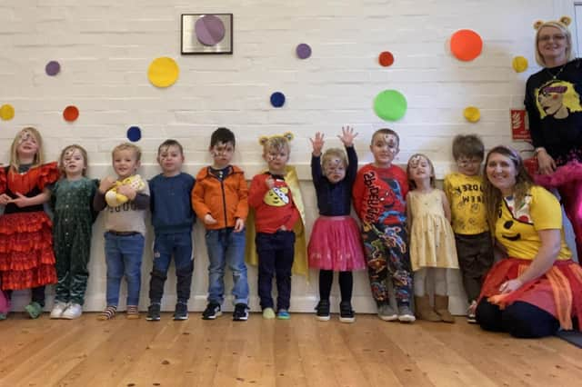 Children and helpers at Great Dalby pre-school taking part in their danceathon for Children In Need