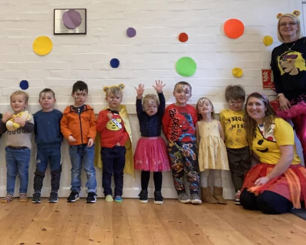 Children and helpers at Great Dalby pre-school taking part in their danceathon for Children In Need