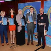 Lord Lieutenant of Leicestershire, Mike Kapur, with awards winners, from left, Clem Beardmore, Jessica Mawby, Sofia Omar and Joshua Bailey