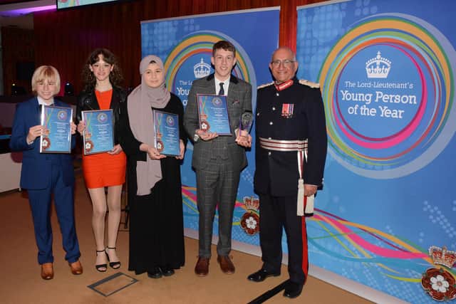 Lord Lieutenant of Leicestershire, Mike Kapur, with awards winners, from left, Clem Beardmore, Jessica Mawby, Sofia Omar and Joshua Bailey
