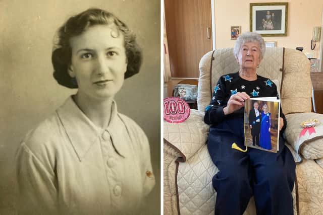 Kathleen Bishop aged 15 in 1938 (left) and celebrating her 100th birthday at her Melton home with a car from the King