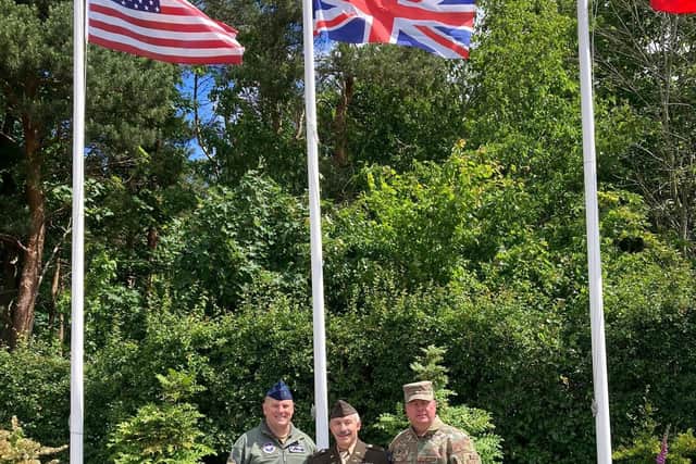 American military visitors pay their respects at Saltby Airfield; from left, Col Tucker, Col Vlahos and 314th Command Chief Cameron Davis