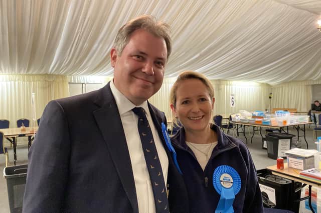 Edward Argar with wife Laetitia after he was elected MP for Melton & Syston early on Friday