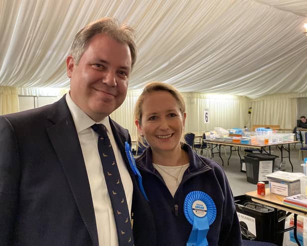 Edward Argar with wife Laetitia after he was elected MP for Melton & Syston early on Friday