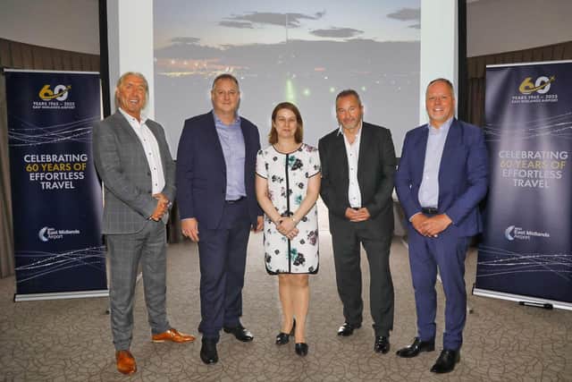 Speakers at the business event on EMA’s 60th anniversary were, from left, BAM Customer Relationship Manager William Campbell, BAM Regional Director Adam Harding, North West Leicestershire MP Amanda Hack, son of EMA’s first MD Terry Dyer and EMA MD Steve Griffiths