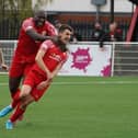 Melton's Henry Dunn is congratulated on his goal against Kimberley. Photo: Mark Woolterton.