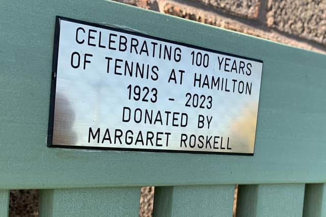 Hamilton Lawn Tennis Club celebrates its centenary - a plaque on the new centenary bench supplied by Margaret Roskell