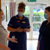 Melton MP, Alicia Kearns (right) chats to staff at Melton Mowbray Hospital during her visit