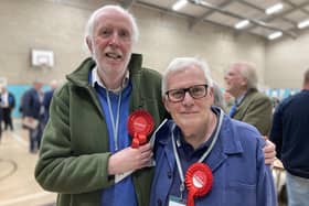 James Mason (right) celebrates being elected in Bottesford ward with Bob Sparham, who served on the council in the late 1980s