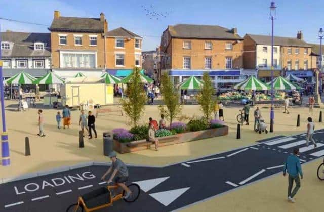 A computer graphic showing the suggested redesign of Market Place and Leicester Street in the new Melton Mowbray Design Guide