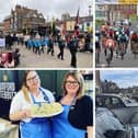 Four of the popular events in the new What's On Melton  Mowbray 2024 guide, clockwise from top left, St George's Day parade, Melton CiCLE Classic, Vintage Craft Market and Artisan Cheese Fair