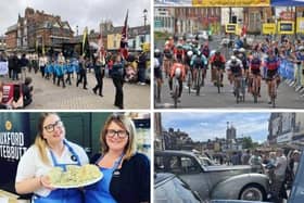 Four of the popular events in the new What's On Melton  Mowbray 2024 guide, clockwise from top left, St George's Day parade, Melton CiCLE Classic, Vintage Craft Market and Artisan Cheese Fair