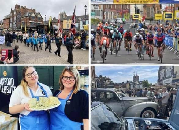 Four of the popular events in the new What's On Melton Mowbray 2024 guide, clockwise from top left, St George's Day parade, Melton CiCLE Classic, Vintage Craft Market and Artisan Cheese Fair