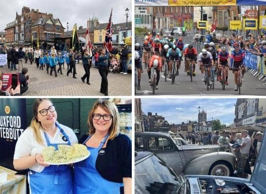 Four of the popular events in the new What's On Melton  Mowbray 2024 guide, clockwise from top left, St George's Day parade, Melton CiCLE Classic, Vintage Craft Market and Artisan Cheese Fair