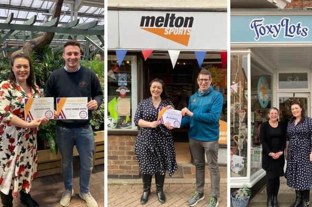 MP Alicia Kearns presents certificates to finalists in last year's Independent Shop Awards, from left,  overall winner, Gates Garden Centre, plus Melton Sports and Foxy Lots