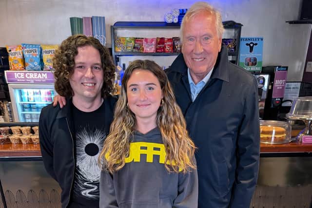 Former Sky Sports football commentator Martin Tyler with Jacob Mundin and Evie Aguera-Castilla at The Regal cinema