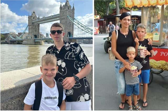 Yehor and Daniil pictured on a recent trip to London and (right) a few years ago with mum Nataliia back home in Ukraine