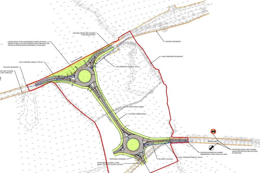 A map showing the planned new roundabouts and link road south of Melton Mowbray - the one at the top links with the A607 Leicester Road and the lower one connects with Kirby Lane