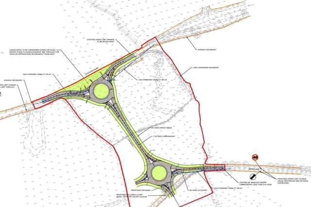 A map showing the planned new roundabouts and link road south of Melton Mowbray - the one at the top links with the A607 Leicester Road and the lower one connects with Kirby Lane