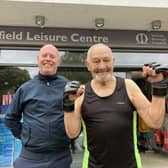 90-year-old fitness fanatic Derrick Draper with Chris Shilham, who takes the body pump sessions at Waterfield Leisure Centre in Melton