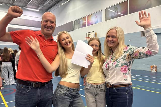 GCSE celebrations at Long Field for Olivia Stafford, with parents Robert and Katie, plus sister Charlotte.