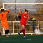 Kairo Edwards-John celebrates his goal for Melton. Photo by Mark Woolterton.