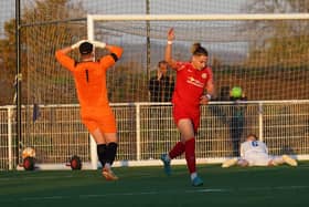 Kairo Edwards-John celebrates his goal for Melton. Photo by Mark Woolterton.