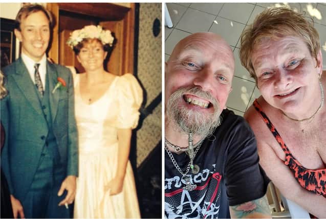 Chris and Bev Bradshaw on their wedding day (left) and pictured in recent times