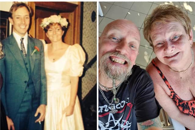 Chris and Bev Bradshaw on their wedding day (left) and pictured in recent times