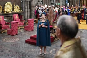 Penny Mordaunt holds the Swords of State at the coronation ceremony of King Charles III and Queen Camilla in Westminster Abbey, London. Picture: Jonathan Brady/PA Wire