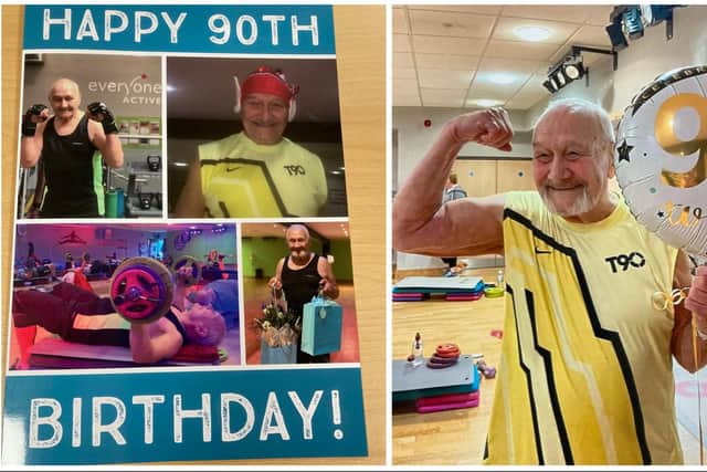 Derrick Draper celebrates his 90th birthday at a fitness session at Waterfield Leisure Centre and (left) the card he was presented with by staff and classmates