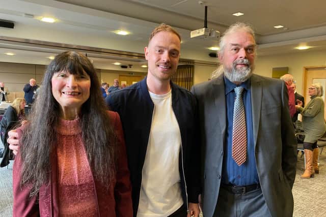 Radio X star James Hall (centre) with his broadcasting mentors Christine Slomkowska and Patrick McCracken, of 103 The Eye