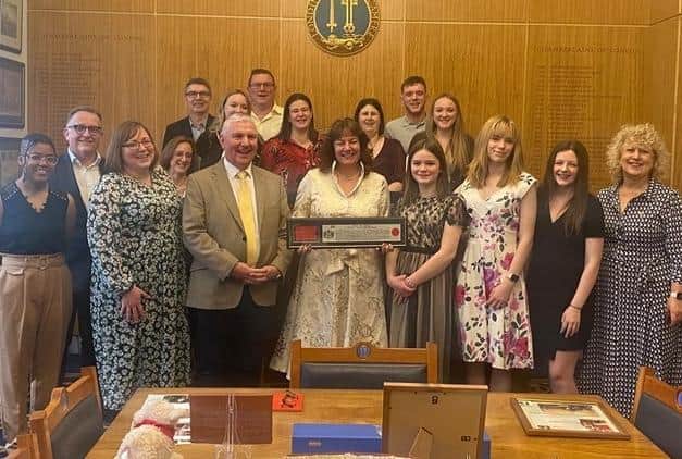 Sharon Reason gets the Freedom of the city of London, accompanied by family and friends