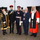 The new High Sheriff is sworn in for Leicestershire - John Chatfeild-Roberts (third from left), pictured with other dignitaries at the ceremony at The Guildhall, Leicester.From left: Chief Constable Rob Nixon, Lord Mayor of Leicester, Susan Barton, High Sheriff John Chatfeild-Roberts, Lord-Lieutenant Mike Kapur OBE, Leader of the County Council Kevin Feltham, High Court Judge The Honourable Mr Justice ChoudhuryPHOTO David Morcom Photography