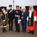 The new High Sheriff is sworn in for Leicestershire - John Chatfeild-Roberts (third from left), pictured with other dignitaries at the ceremony at The Guildhall, Leicester.From left: Chief Constable Rob Nixon, Lord Mayor of Leicester, Susan Barton, High Sheriff John Chatfeild-Roberts, Lord-Lieutenant Mike Kapur OBE, Leader of the County Council Kevin Feltham, High Court Judge The Honourable Mr Justice ChoudhuryPHOTO David Morcom Photography