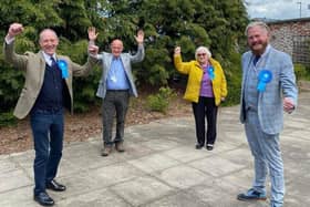 The elected members of Leicestershire County Council in the four Melton area divisions celebrate their success back in 2021, from left, Bryan Lovegrove, Joe Orson, Pam Posnett and Mark Frisby