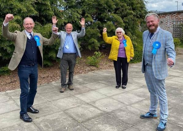 The elected members of Leicestershire County Council in the four Melton area divisions celebrate their success back in 2021, from left, Bryan Lovegrove, Joe Orson, Pam Posnett and Mark Frisby