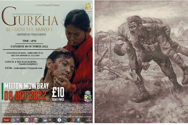 A poster for the new film about the act of Great War bravery and a drawing depicting the Gurkha carrying Private Keightley to safety on the front line