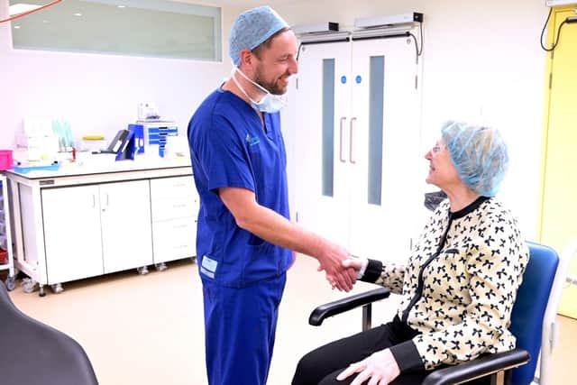 Optegra surgeon Alastair Stuart and patient Maria Walmsey