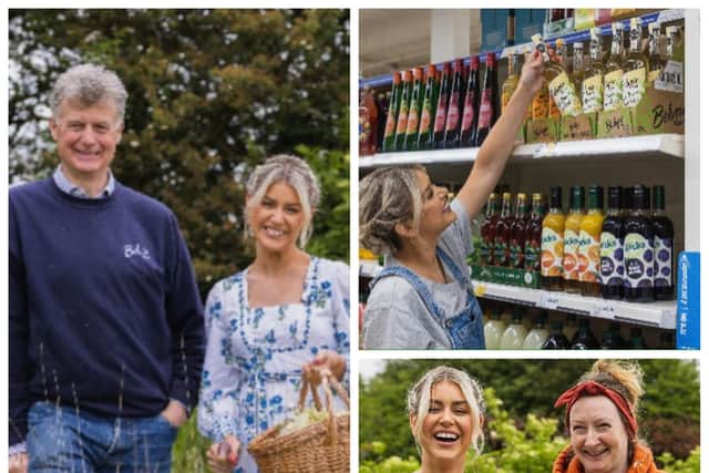 From left, TV's Daisy Payne at Belvoir Farm with managing director Pev Manners; Daisy Payne delivering freshly made cordial to Tesco: and Daisy Payne with Jen Vaughan, a local elderflower picker.