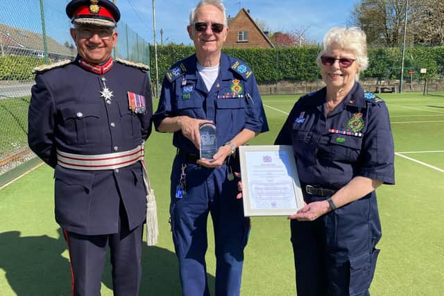 Founder members Peter and Ina Scott receive the King's Award for Voluntary Service from Lord Lieutenant of Leicestershire, Mike Kapur