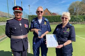 Founder members Peter and Ina Scott receive the King's Award for Voluntary Service from Lord Lieutenant of Leicestershire, Mike Kapur