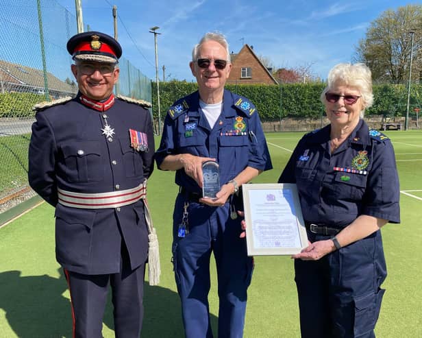 Founder members Peter and Ina Scott receive the King's Award for Voluntary Service from Lord Lieutenant of Leicestershire, Mike Kapur