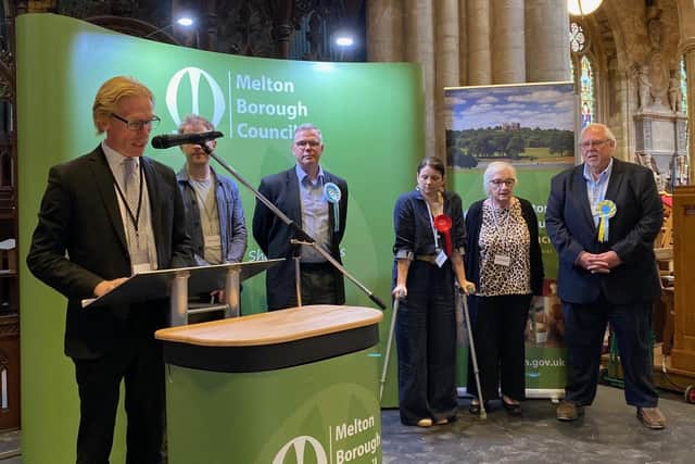 Pam Posnett (second from right) on stage with fellow candidates as the Melton East result is announced for the county council elections this month