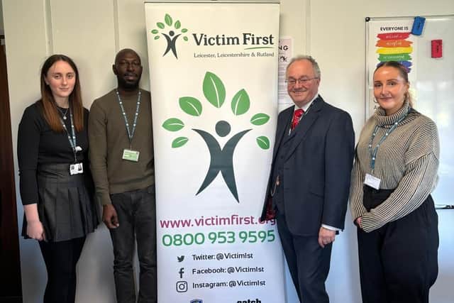 Leicestershire Police and Crime Commissioner, Rupert Matthews, with representatives of Victim First