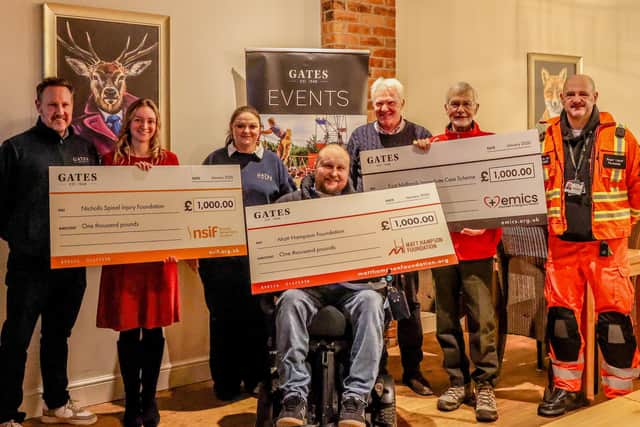 Cheques pictured being presented by Gates Garden Centre to three charities, from left, Lee Shepherd (Gates), Lucy Berry (The Nicholls Spinal Injury Foundation), Clare Crowther (Gates), Matt Hampson OBE(The Matt Hampson Foundation), Nigel Gates, Dr Tim Gray MBE & Roger Linnell (EMICS)